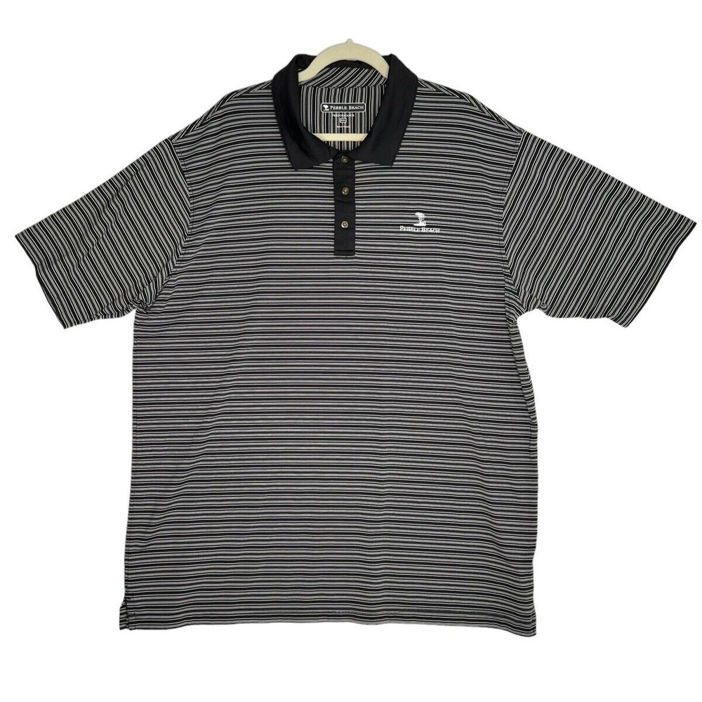 Pebble Beach Performance Mens Golf Shirt Logo Short Sleeve Black Striped  XXL